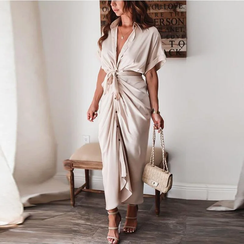 

Turn Down Collar Draped Dresses 2021 Summer Elegant bandage White Shirt Dress Women Office Short Sleeve Slit Midi Dress Ladies