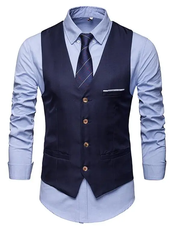 Темно синий мужской жилет на 4 пуговицах без рукавов приталенная жилетка