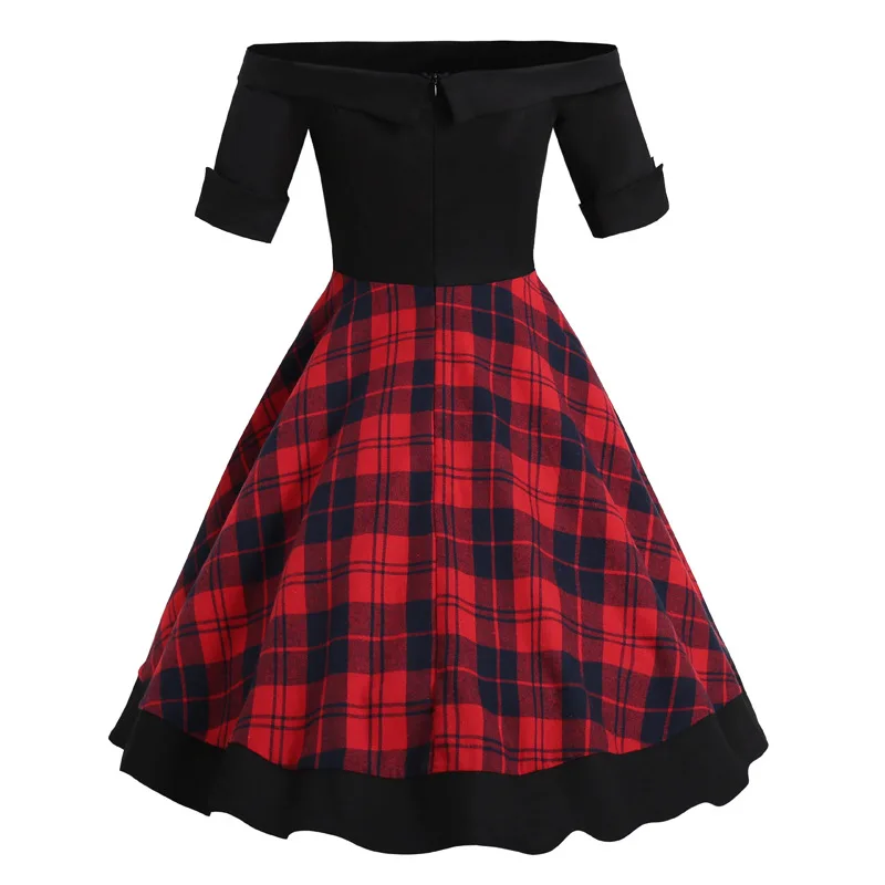 

2021 New Short Sleeve Slash Neck Dress VD1625 Red Plaid Sexy A Line 50 Vintage Retro Hepburn Dress