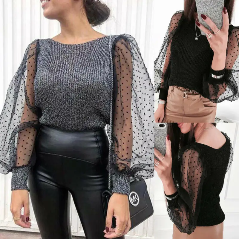 New Winter Womens Organza Ruffled Sleeve Solid Color Knitted Pullover Sweater Patchwork Mesh Casual Club Short Tops | Женская одежда
