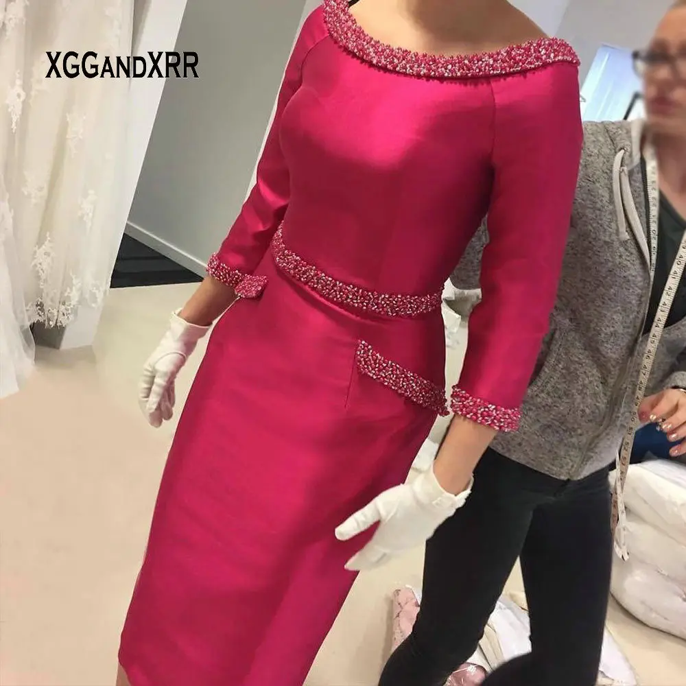 

Elegant Satin Sheath Tea Length Mother of Bride Dress 2022 Scoop Three Quarter Sleeves Beading Woman Formal Wedding Party Gown