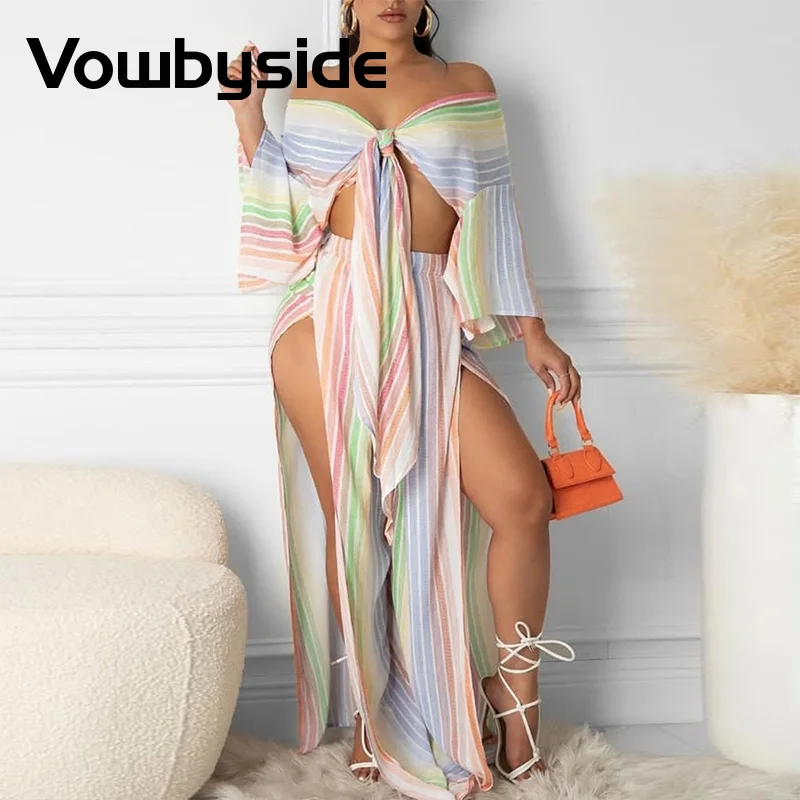 

Striped Off Shoulder Bell Sleeve Tie Front Top & Split Pants Set Women Two Piece Set