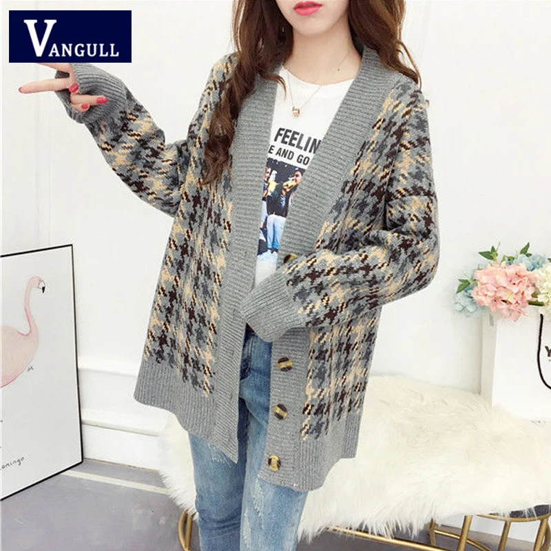 

Vangull Elegant Women Sweater Cardigans Autumn Winter Single Breasted Knitted Sweater Plaid Casual long sleeve Loose Cardigans