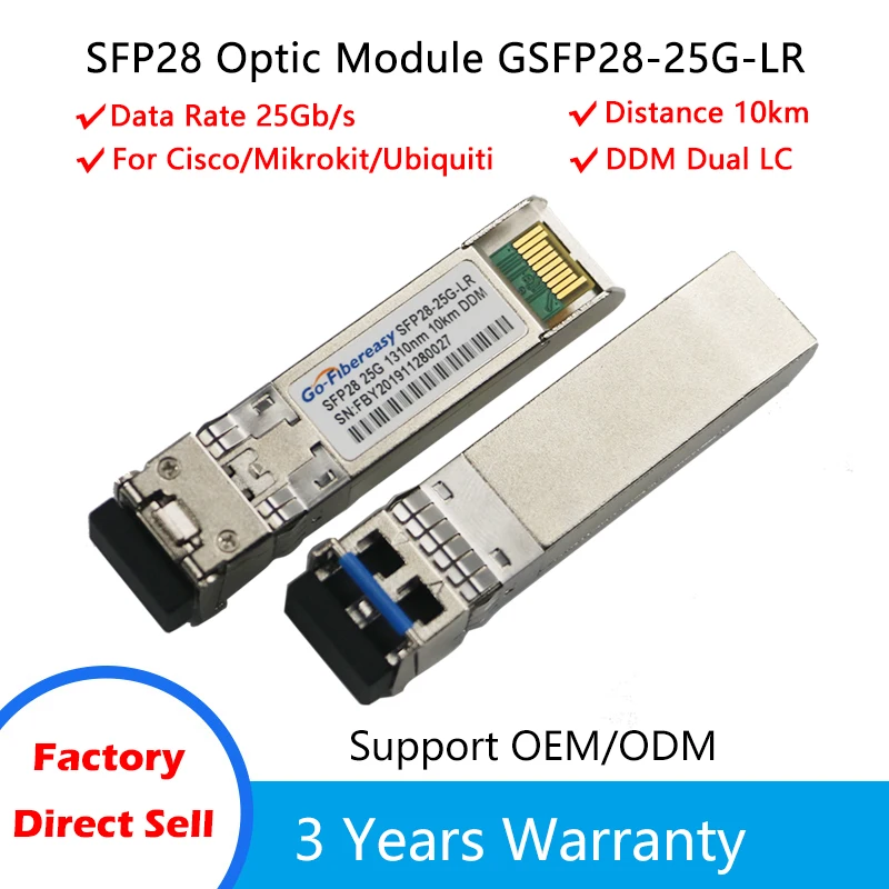

SFP28 25G SFP модуль приемопередатчика SFP-25G-LR-S одиночный режим 25GBASE-LR SFP28 1310nm 10 км одномодовый приёмопередатчик типа совместим с Cisco/Mikrotik