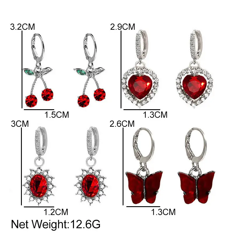 Flatfoosie 4Pcs/set Fashion Cherry Butterfly Drop Earrings for Women Multicolor Heart Geometric Crystal Earring Sets Jewelry | Украшения и