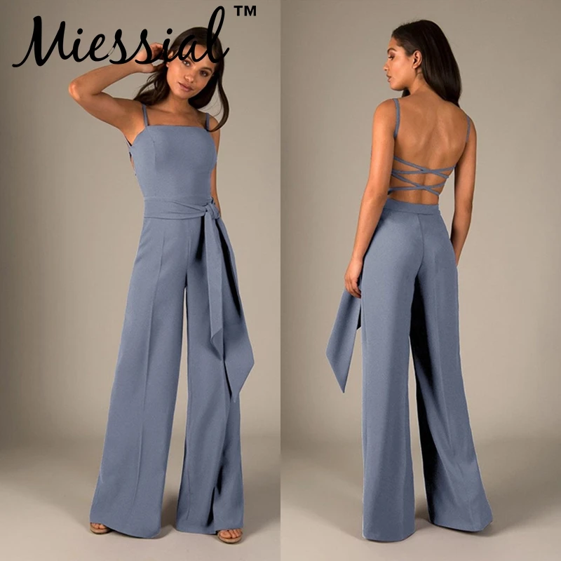 Miessial Solid backless sexy jumpsuit Women elegant Lace up office lady Autumn winter wide leg party club 2019 |