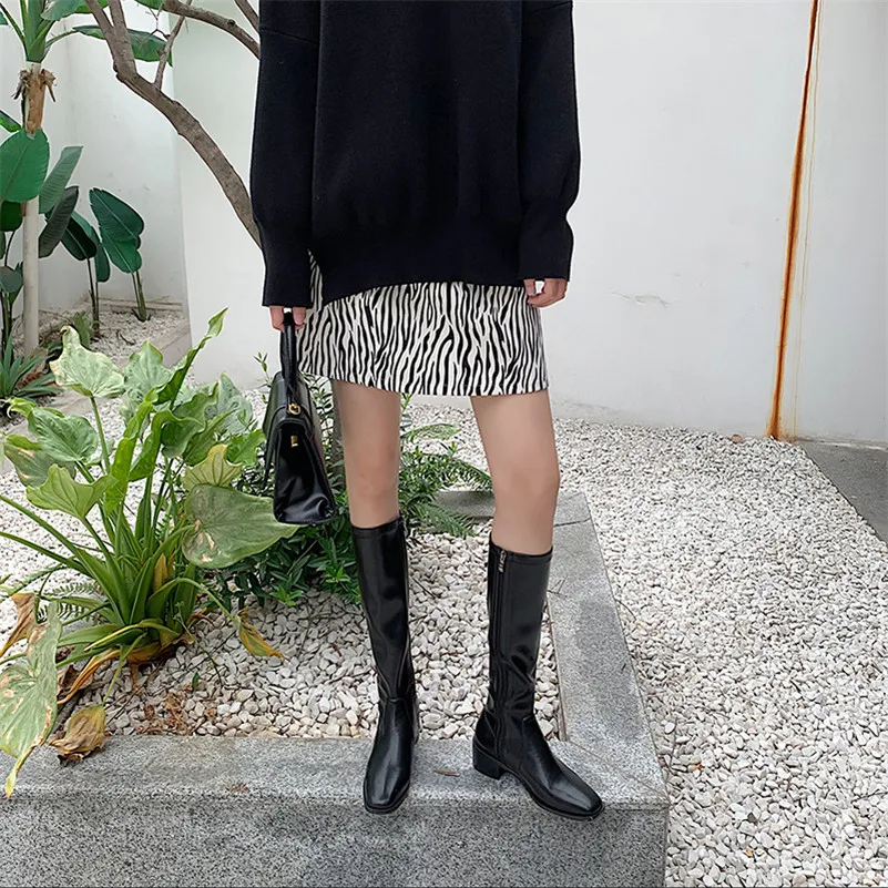 

ANNYMOLI Riding Boots Women Shoes High Heel Knee-High Boots Square Toe Thick Heels Zip Long Boots Lady Autumn Winter Black Brown