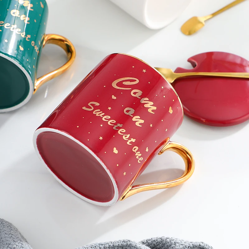 

New Ceramic Water Cup Gold Plated Coffee Tea Milk with Lid With Spoon and Lip Fashion Gift