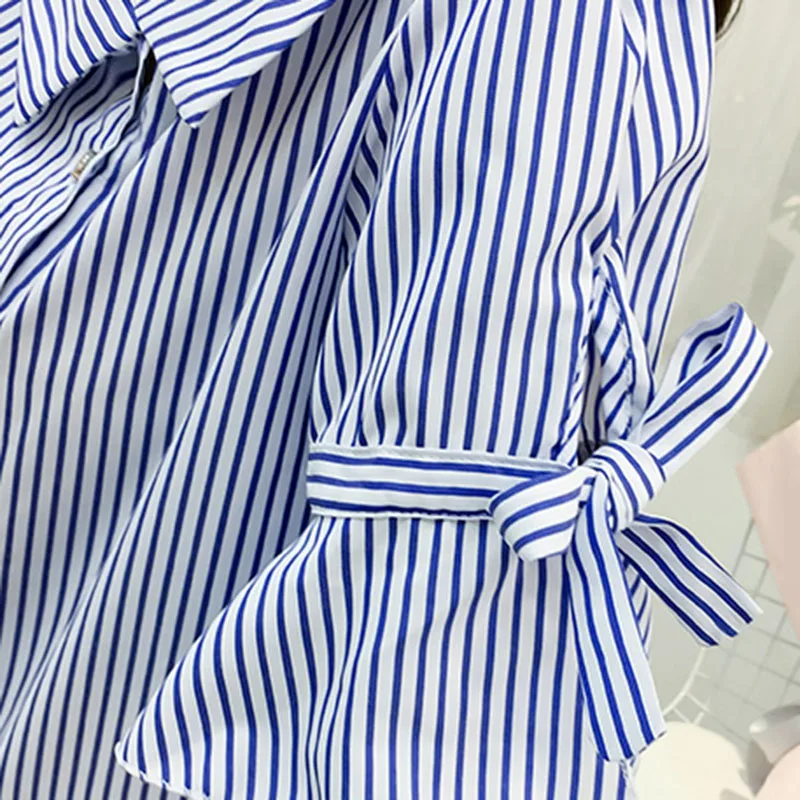 

Shirts Women Summer Trendy Korean Loose Irregular Shirt Womens Blouse Striped V-Neck Bow Short Flare Sleeve Female Casual Simple