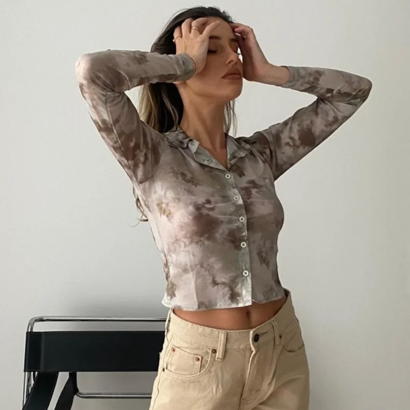 

Sexy T Shirts Women Tie Dye Mesh Top Button Up Crop Women Clothing Vintage Streetwear Y2K Outfits See Through Long Sleeve Blouse