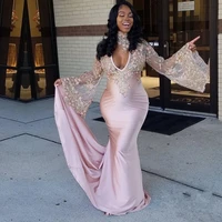 high neck mermaid evening dresses 2021 african flare long sleeve lace satin sexy party prom gown for maternity sweep train