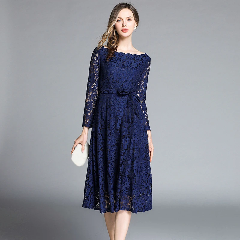 Женское кружевное платье с бантом облегающее повседневное темно-синее