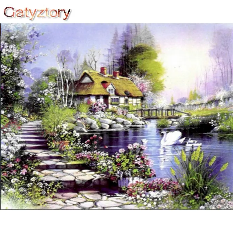 

GATYZTORY DIY Краска по номерам дом по реке краска по номерам для взрослых краска с номерами Настенная картина холст акриловая краска ph