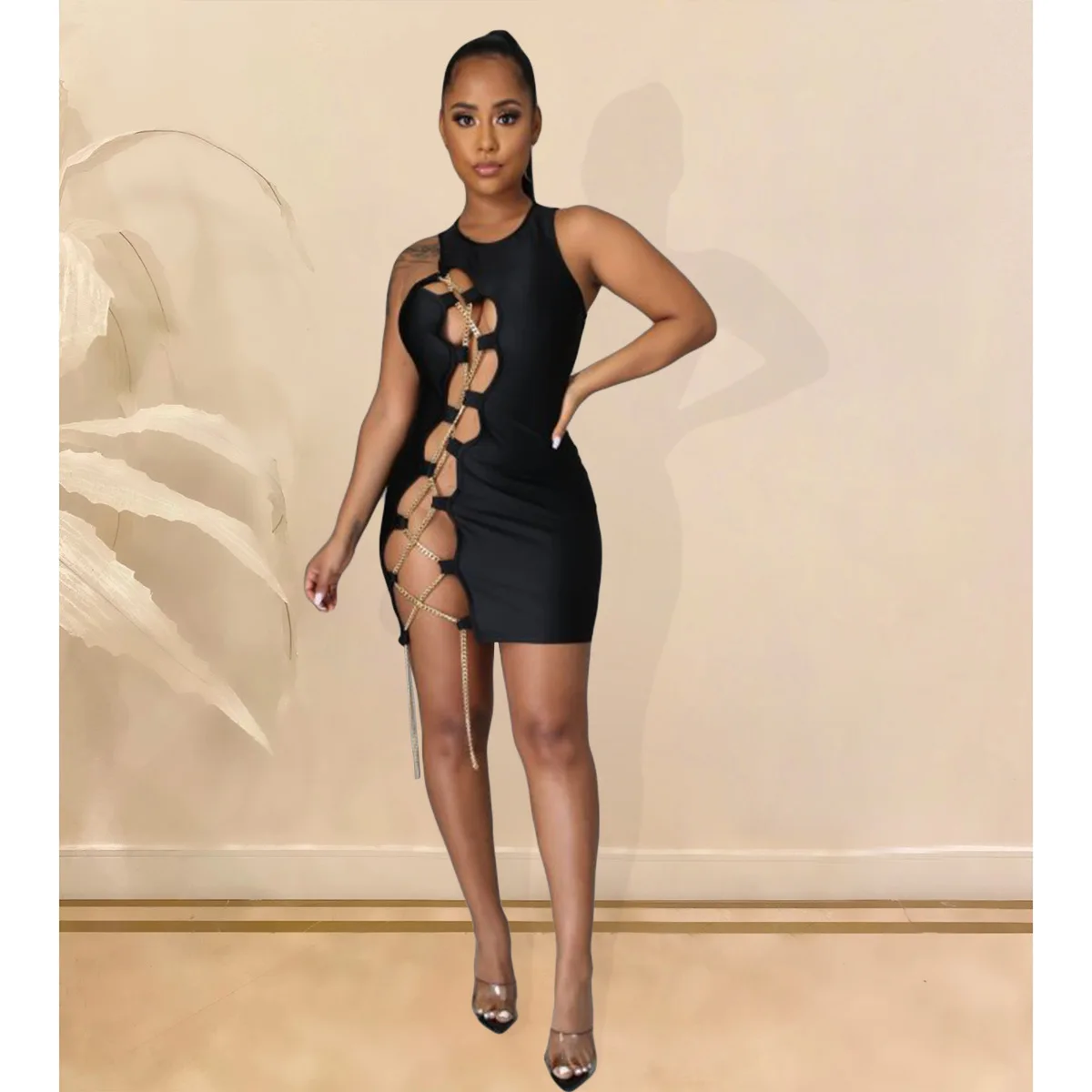 

Women Dress Gold Chain Sexy Nightclub Solid Color Sleeveless bodycon dress plus size bridesmaid dress ropa mujer talla grande