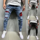 Новые мужские стеганые джинсы с вышивкой, узкие джинсы в рваную клетку, повседневные облегающие Стрейчевые джинсовые брюки, брюки для бега в стиле пэчворк, S-3XL