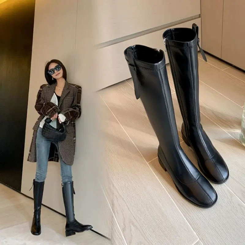 

RIZABINA Women Knee Boots Round Toe Side Zipper Shoes Thick Heel Women Fashion Party Winter Warm Boots Footwear Size 33-43