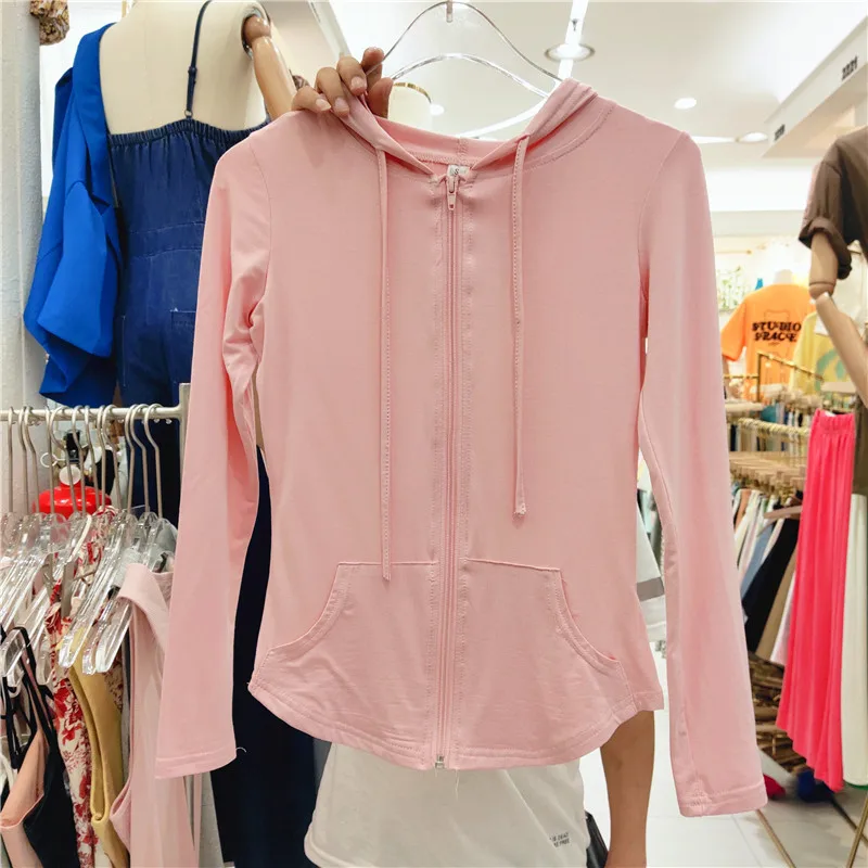 

Hooded Zipped Tshirt for Women 2021 Summer Sports Style Casual Top Waist-Tight Sun Protection Thin Slim Fit Coat Femme