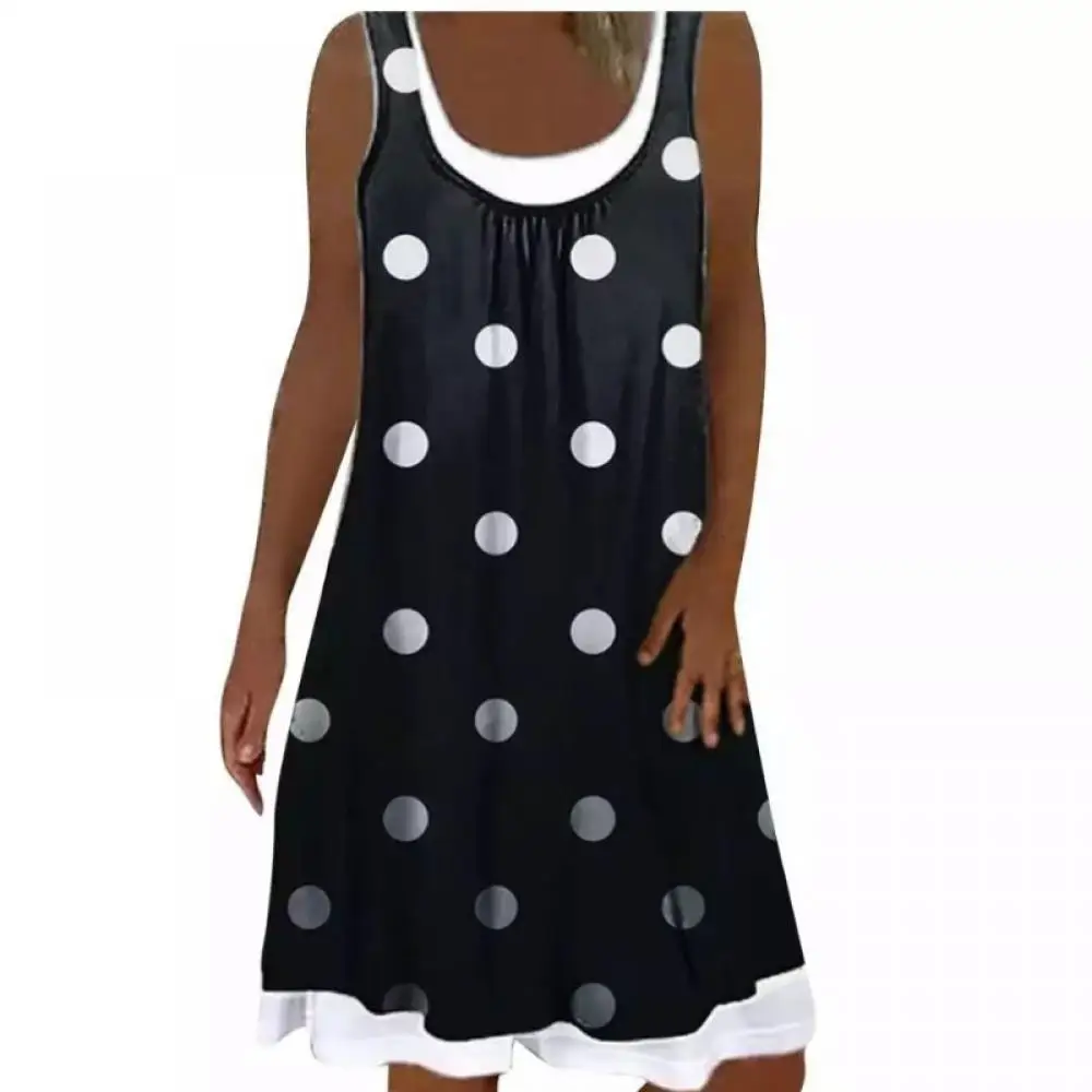 

Женское шифоновое платье-миди без рукавов, повседневное черное ТРАПЕЦИЕВИДНОЕ платье в горошек с круглым вырезом и цветочным принтом, лето 2021
