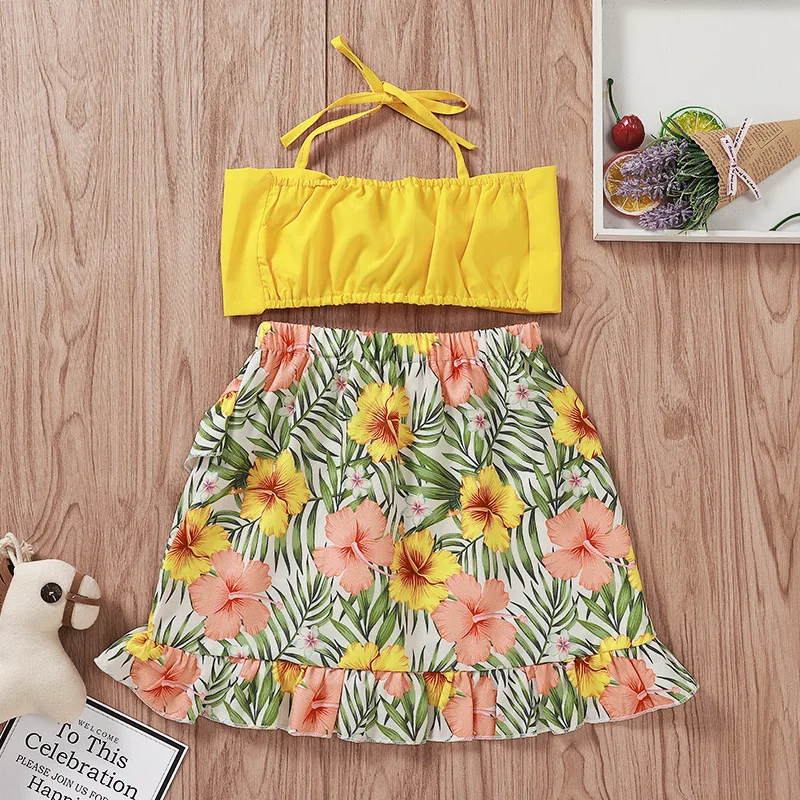 Летний желтый укороченный топ с лямкой на шее для малышей юбка цветочным