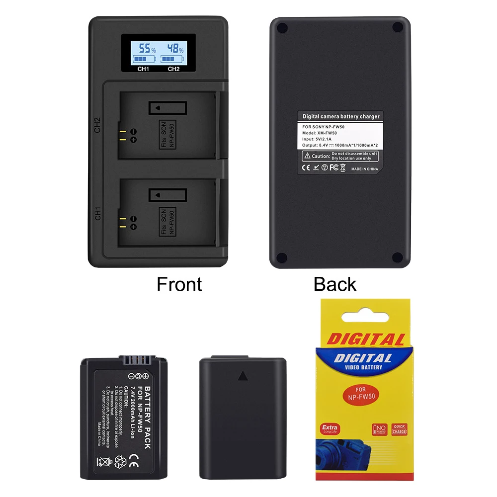 Аккумулятор NP-FW50 NP FW50 + двойное зарядное устройство USB с ЖК-дисплеем для Sony A6000 5100
