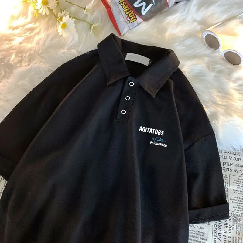Мужская футболка с воротником-поло свободная простая коротким рукавом в