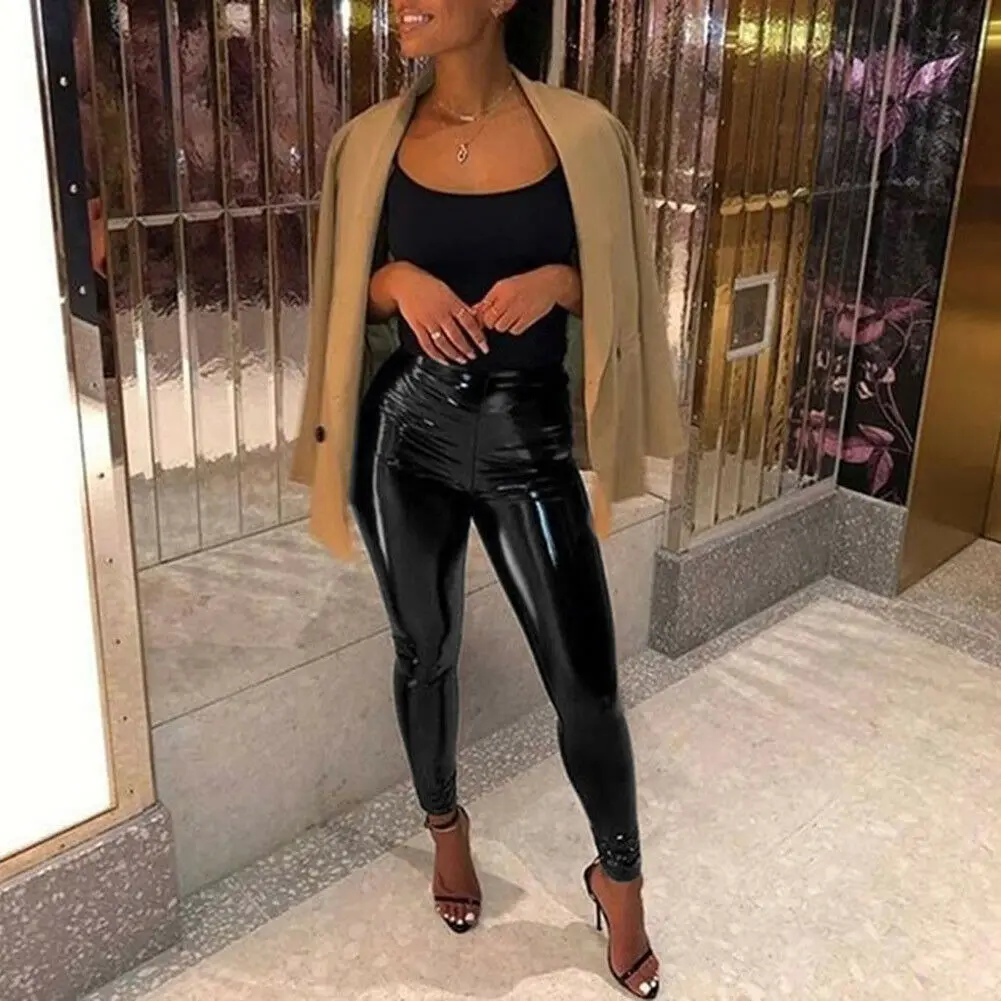 NEW Fashion Women's Ladies Wet Look Stretchy High Waist Pants Faux Leather Skinny Leggings Pencil Trousers Black Blue Pink Red | Женская