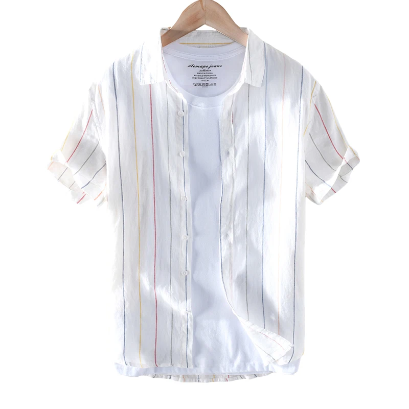 

Linen Striped Shirts for Men Casual Turn-down Collar Short Sleeve Tops Male Fashion Breathable High Quality Clothing Summer New