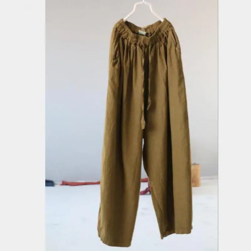 Free Shipping Summer Retro High Waist Pants Art Solid Color Elastic Waist Solid Color Pockets Comfort Plus Size Daddy Pants