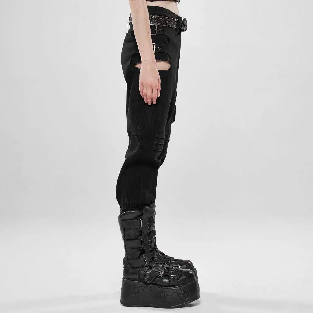 Punk Rave Women's Goth Hollow Out Ankle Black Cargo Pants WK401 | Женская одежда