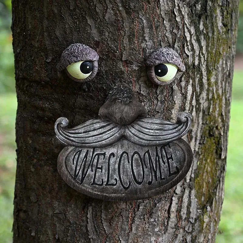 

Old Man Tree Face Welcome Decor Tree Hugger Glowing Eye Outdoor Tree Art Sculpture Whimsical Garden Tree Decor Yard Art