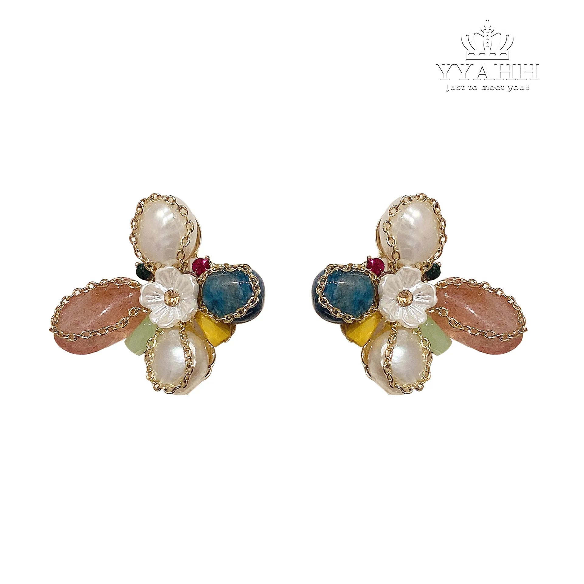 

Korea Super Fairy Crystal Pearl Flower Earrings Female, Retro Temperament Bowknot Earrings Female