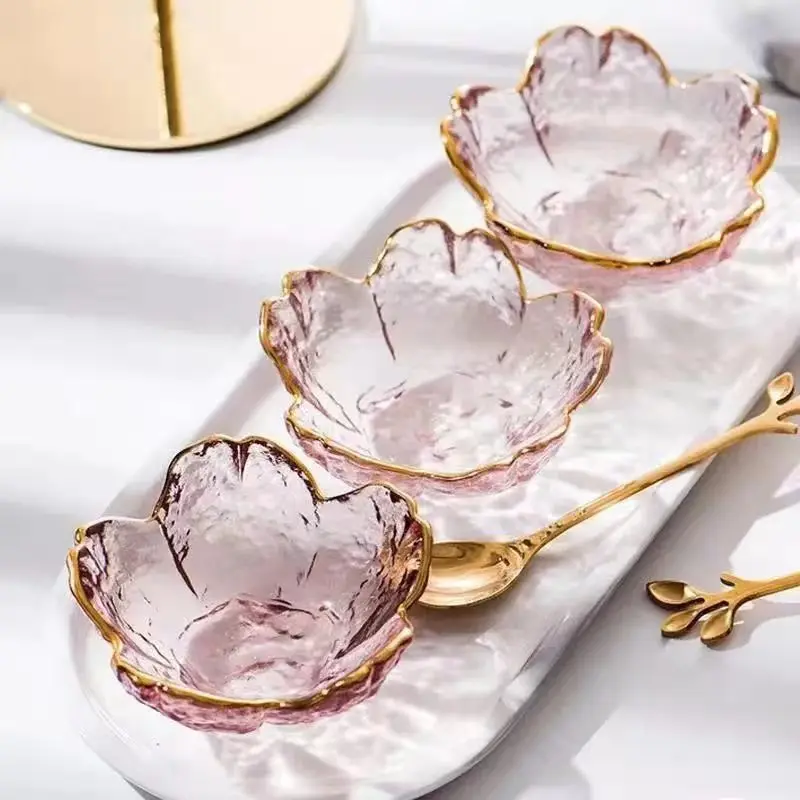 

Japanese Style Color Glass Cherry Blossom Dish Creative Pink Household Seasoning Sauce Dish Soy Sauce Dish Bowl Tableware Set