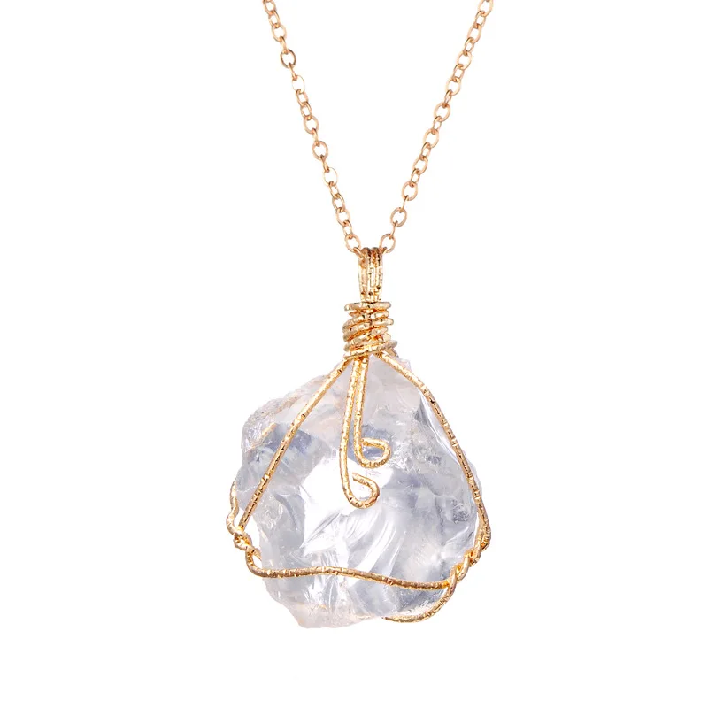

Natural Raw Stone Irregular Twist Crystal Quartz Pendant Necklace Copper Wire Wrapped Goldtone