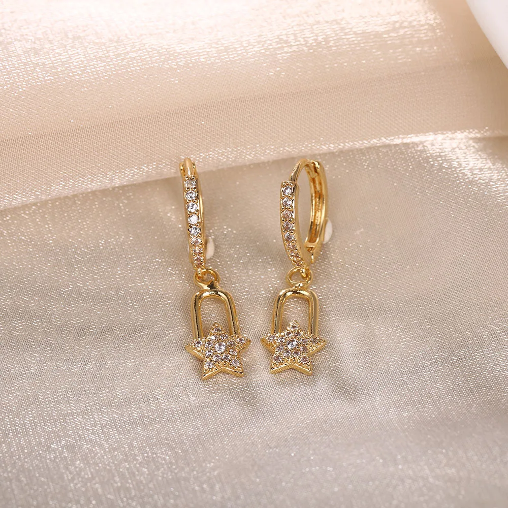 

Creative Star Key Lock Shape Zircon Womens Earrings Copper Hook Earrings For Girls Birthday Party Jewelry Gift Stud Earrings