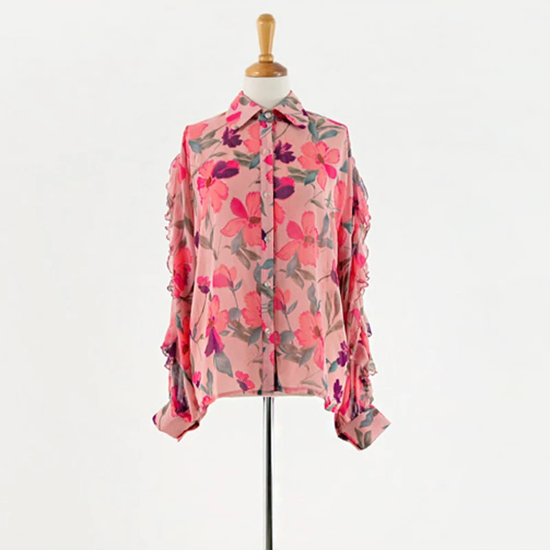 

Ruffles Female Shirts Blouses Vintage V-neck Floral Print Women Chiffon Blouse Chic Long Sleeve Female Tops Shirts