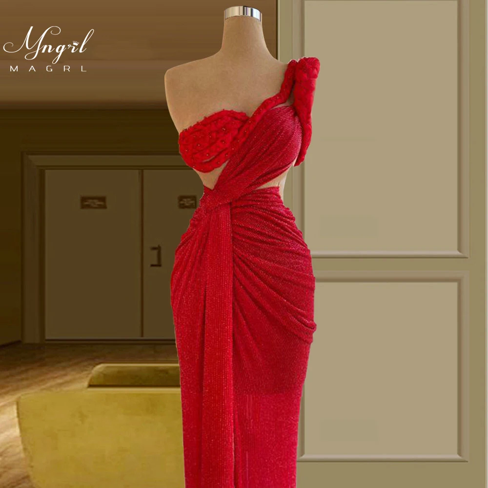 

MNGRL Luxury Evening Dress One-shoulder Long Sleeves Hand-applied Diamonds Glittering 2021 New Evening Dress Party Dress