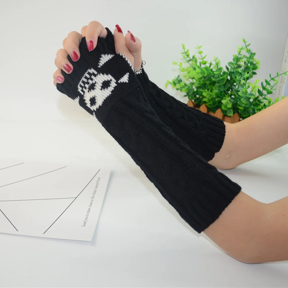 

Японские черные женские перчатки с черепом в стиле Харадзюку, вязаные теплые длинные перчатки с полупальцами, Длинные рукавицы в готическо...