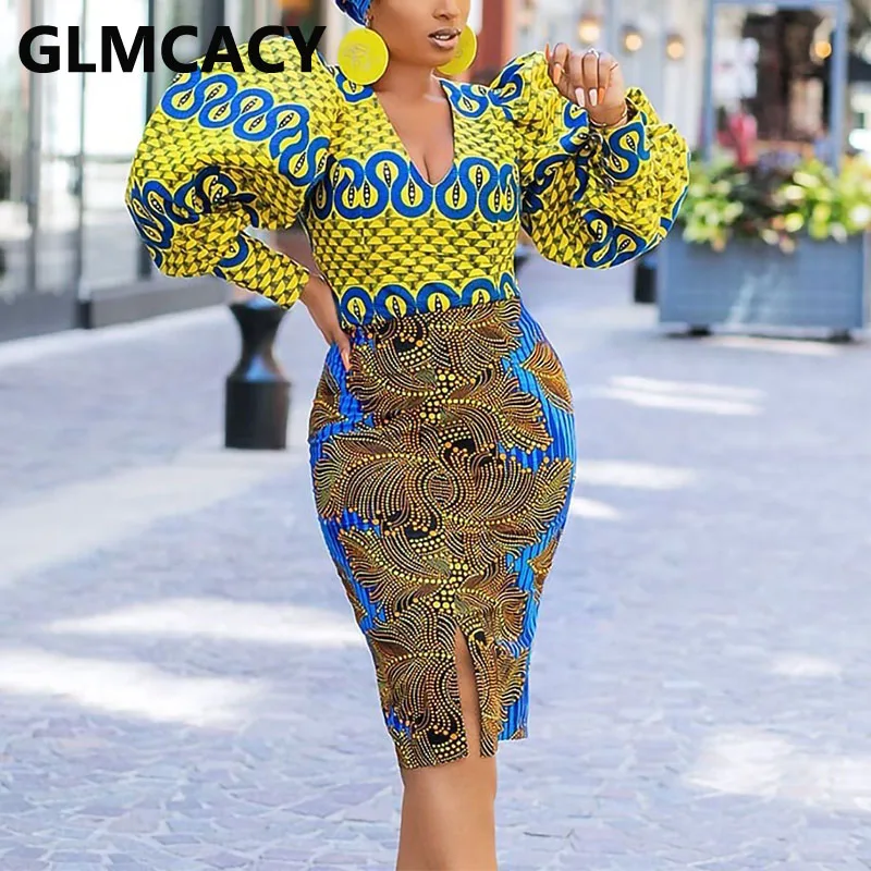 

Women Puff Sleeve Vintage Ethnic Bodycon Dress Dashiki Elegant Party Midi Dress