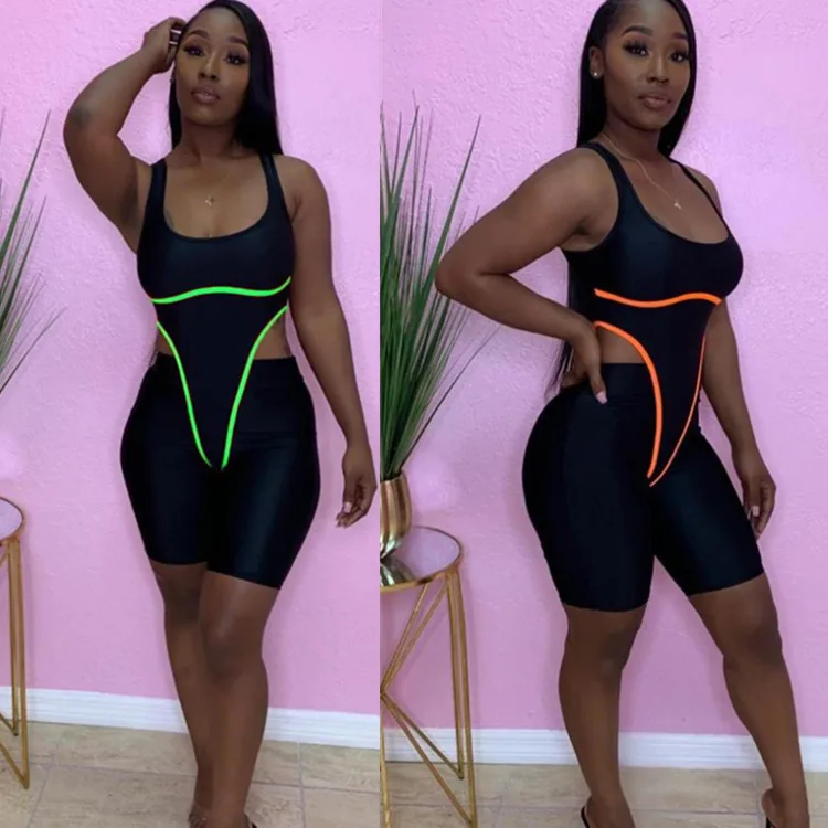 

2020 Summer Sexy Women Sets Sleeves Backless Fluorescent Stripe Bodysuit With Plain Pants Two Piece Sets Tracksuit FF1007