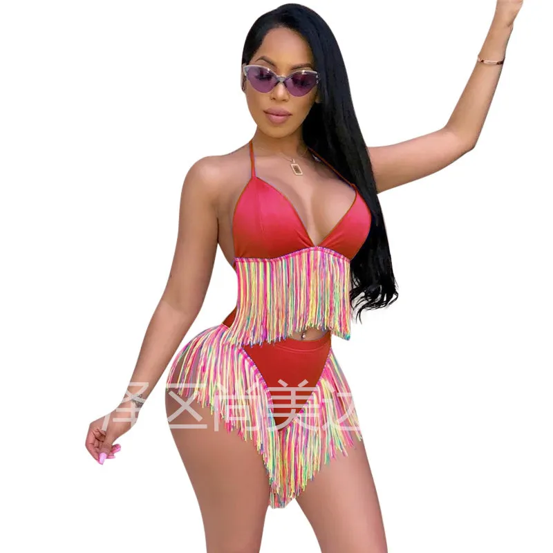 Бикини женский купальник с высокой талией на тонких бретельках бахромой