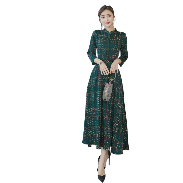 

2021 Autumn French Fashion Slim Women's Long Dress Full Sleeve Green Plaid Chiffon Clothing Female Elegant Ankle Length Dress