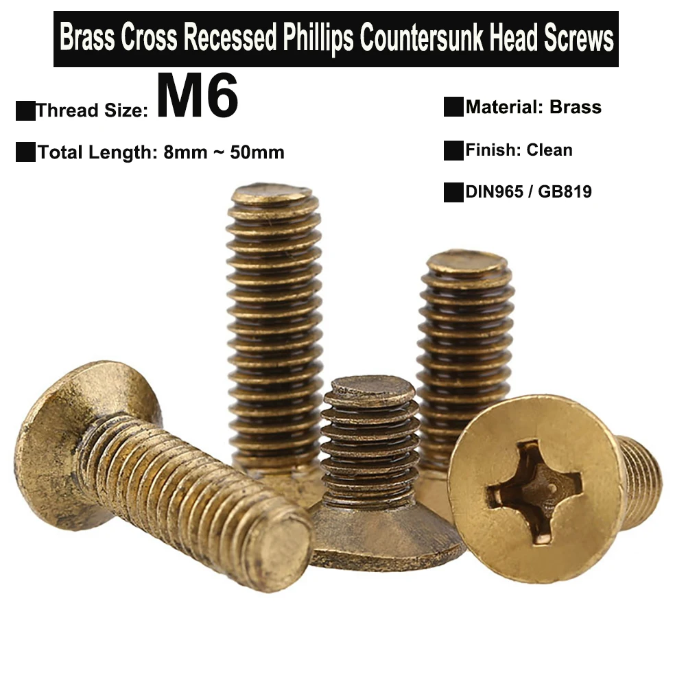

10Pcs/5Pcs/3Pcs/2Pcs M6x8mm~50mm Brass Cross Recessed 90° Countersunk Head Phillips Screws DIN965 GB819