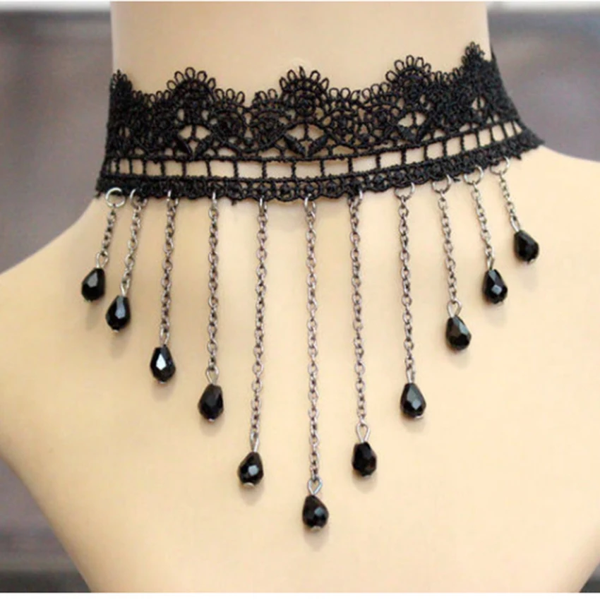 

Mysterious Lace Black Tassel Necklace Collarbone Chain Court Dress Necklace Gothic Halloween Stage Performance Accessories
