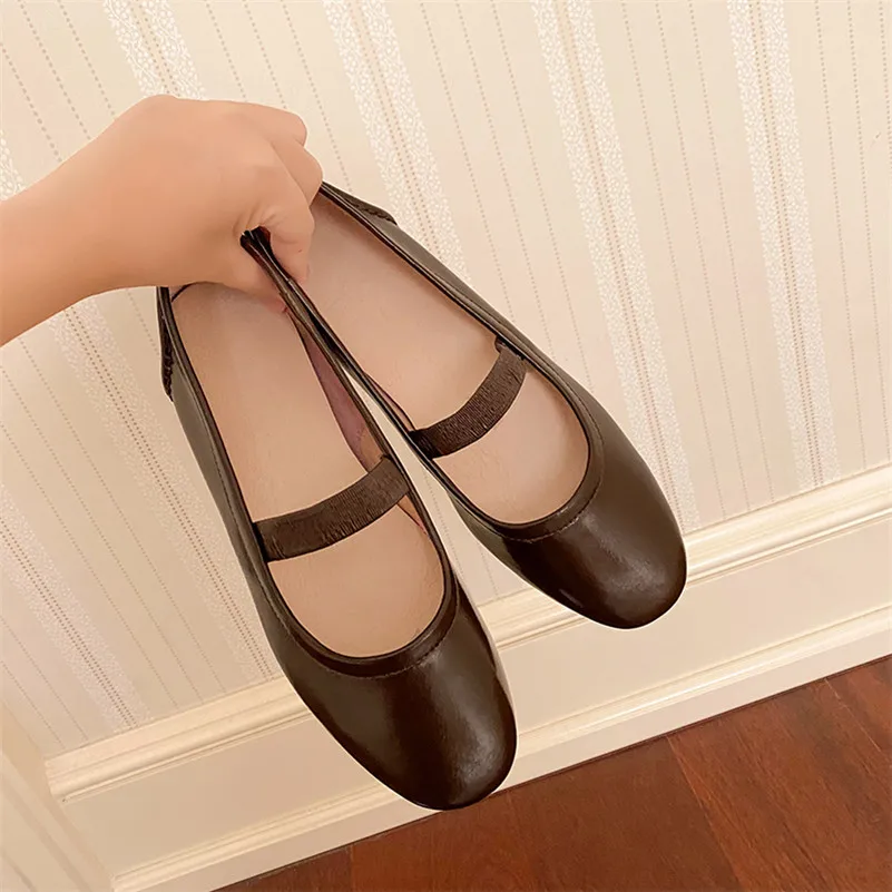 

Meotina Pumps Women Genuine Leather Chunky Heels Mary Janes Shoes Round Toe Ladies Shoes Low Heel Shallow Footwear Brown 34-40