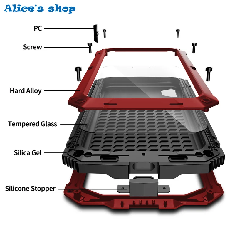 

Outdoor 360 Full Protection Hard Case For iPhone XS MAX XR X XS Durable Silica Gel Metal Alloy Tempered Glass Stander Case Cover