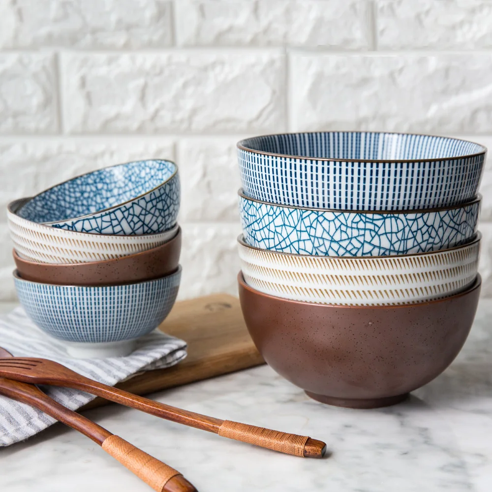 Ceramic Bowl Japanese Classical Tableware Kitchen Soup Noodle Porcelain Rice Big Ramen Bowls Spoon and Tea Cup E|Чаши| |