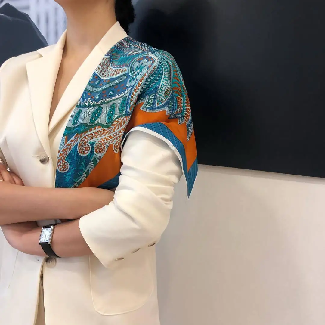 

New 100% Real Silk Scarf Women , Asymmetric Design Exquisite Pattern Scar FHair Bag Handle Decoration Tie Multifunction Scarves