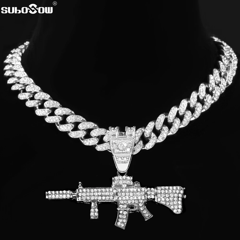 

Men Women Iced Out Bling AK47 Submachine Gun Pendant Necklace with 13mm Miami Cuban Chain Choker Necklaces Hip Hop Rock Jewelry