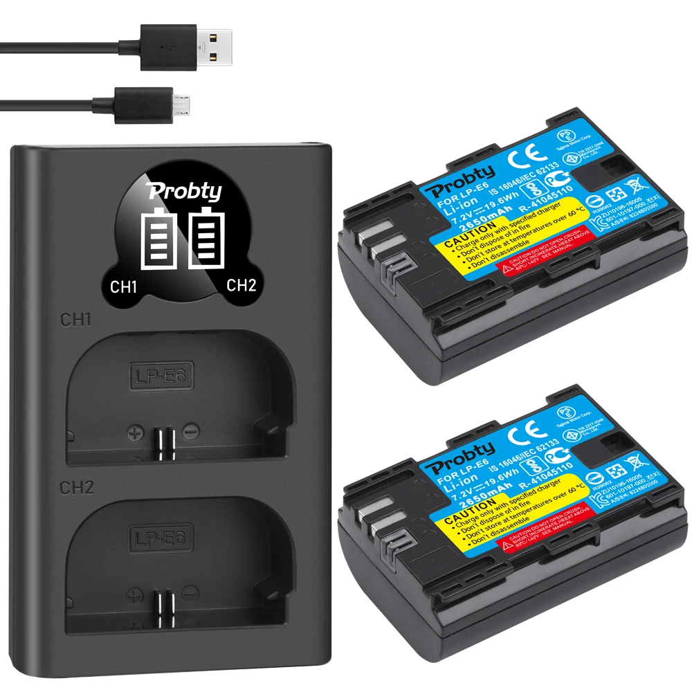 2pcs 2650mAh LP-E6 LPE6 LP E6 Camera Batteries + LED Charger For Canon EOS 5DS R 5D Mark II III 6D 7D 60D 60Da 70D 80D | Электроника
