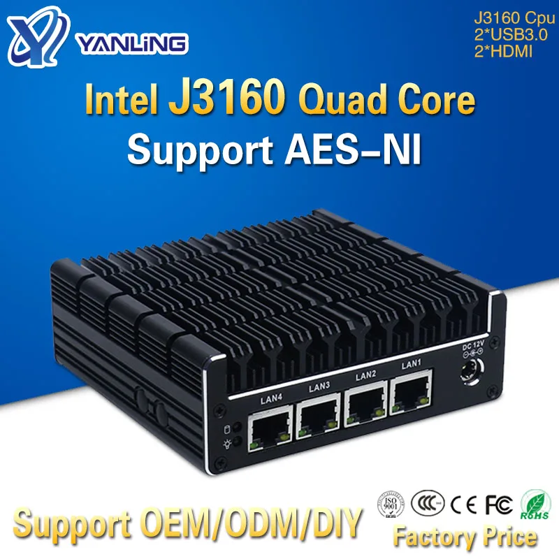 Yanling Новый NUC Мини ПК Celeron J3160 Четырехъядерный 4 Intel i211AT Nic X86 компьютерный мягкий